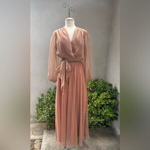 Vintage chiffon maxi dress soft brown with sash Sz Medium by Celyce Designs Inc